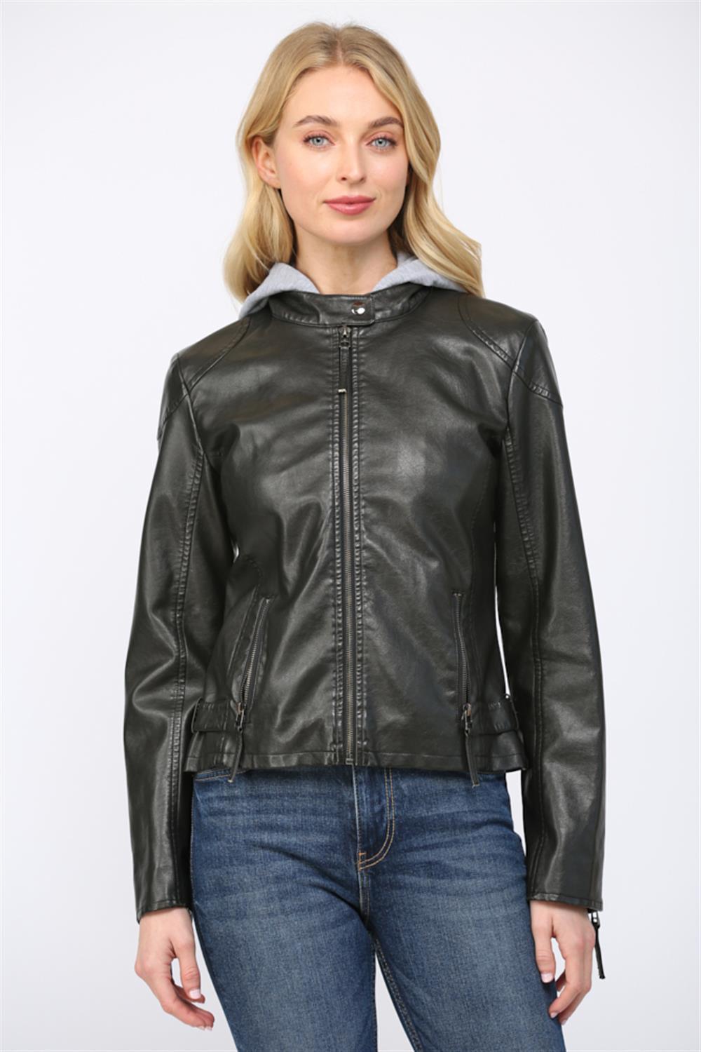 hooded leather moto jacket