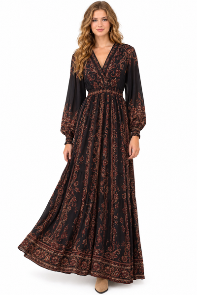 Long Sleeve V Neck Maxi Print Dress