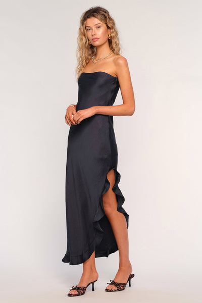 strapless ruffle drape hem dress
