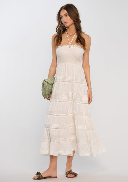 smocked swiss dot tiered dress