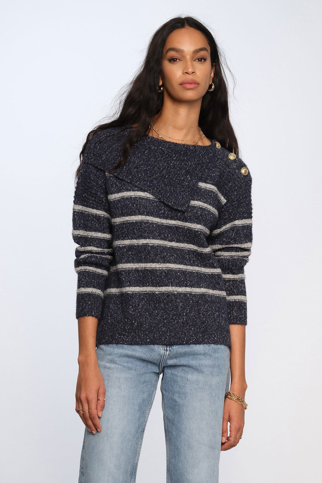 stripe button cowl sweater