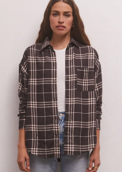 river plaid button blouse