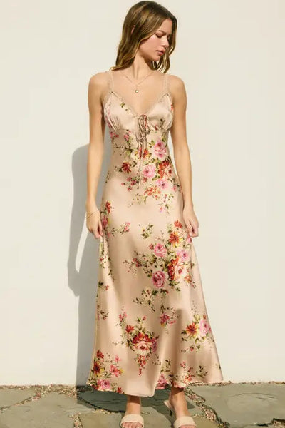 lace trim floral maxi dress