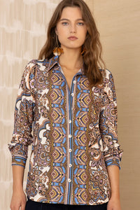 long sleeve print jersey button up