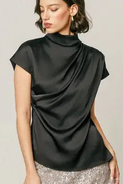 Draped Satin Mock Neck Blouse