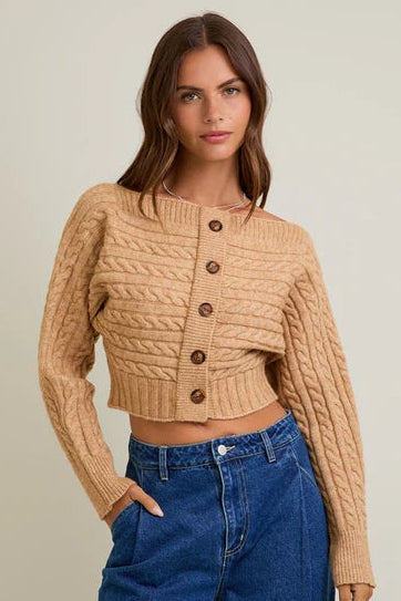 off shoulder button crop cardigan