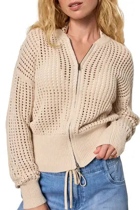 openwork knit zip bomber
