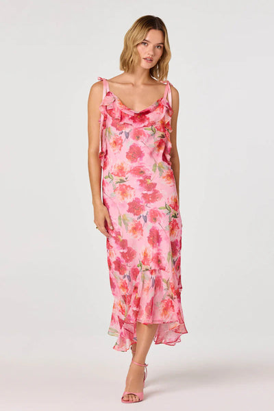 cascade ruffle floral dress