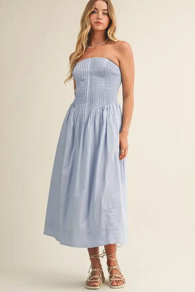 pintuck strapless chambray dress