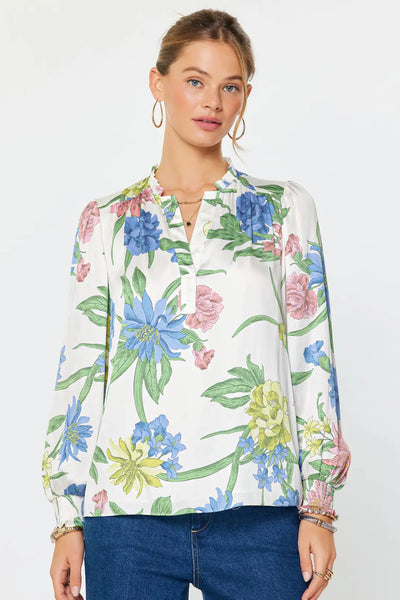 print long sleeve ruffle trim blouse