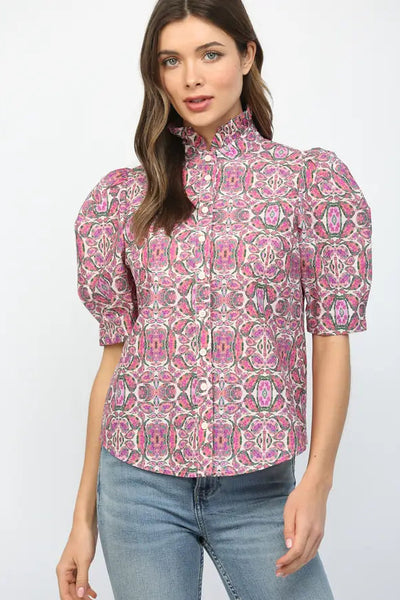 puff short sleeve print blouse