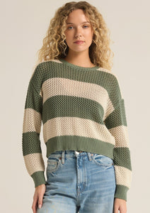 women bold stripe open knit sweater