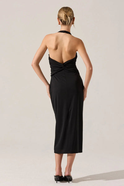 ruched open back halter midi dress