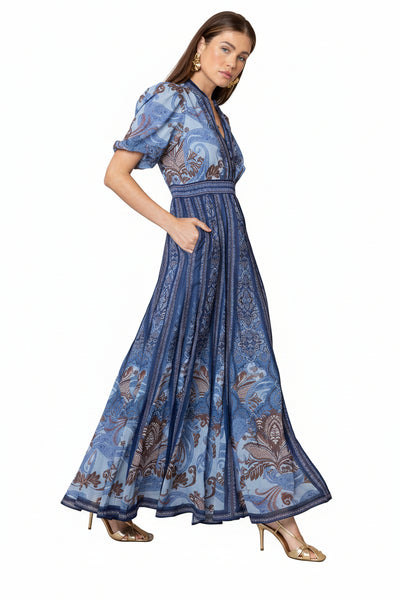 short sleeve print button long dress