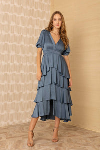 short sleeve solid ruffle midi dress