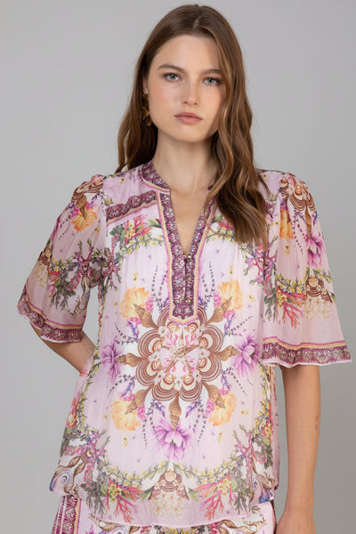 silk v neck print blouse