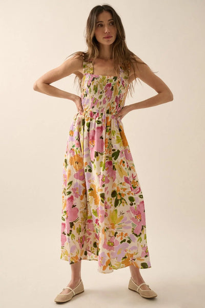 smocked bodice strap floral dress