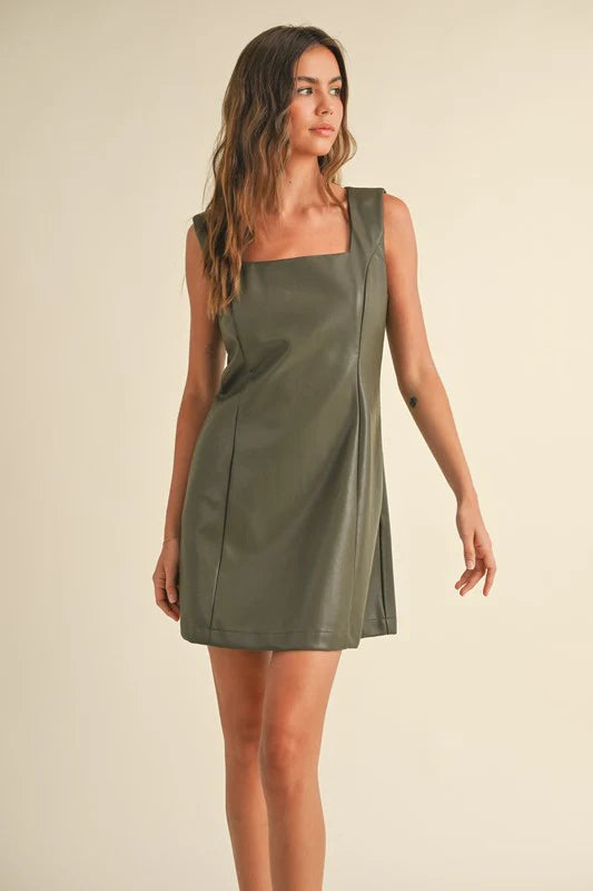 square neck faux leather dress