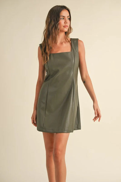 square neck faux leather dress