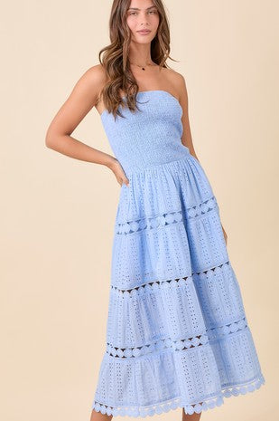 strapless gauze lace trim midi dress