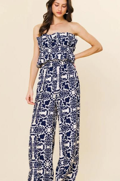 strapless print jumpsuit