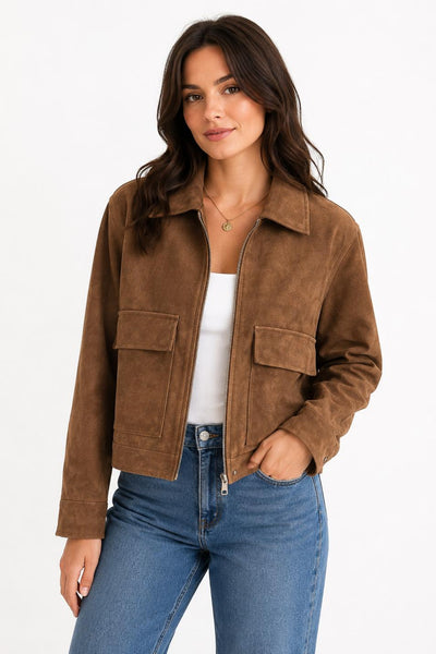 sueded collar zip jacket