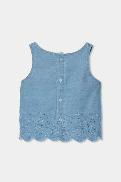 girls embroidered hem denim tank