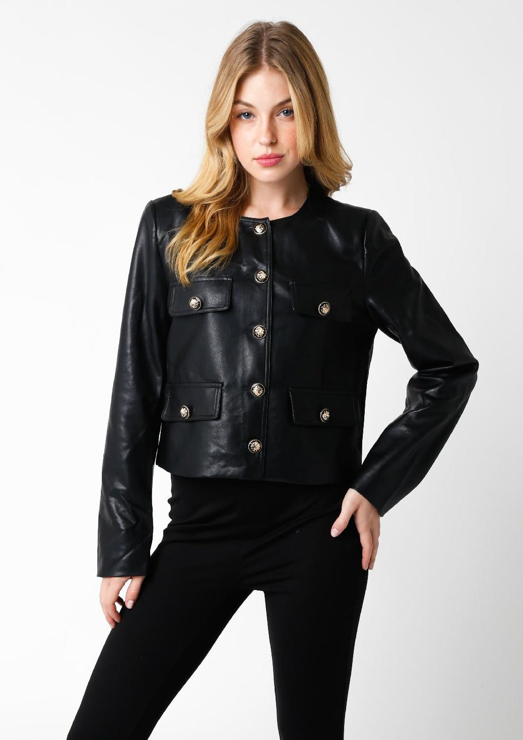 women 4 pocket faux leather blazer