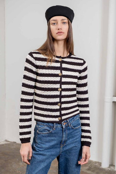 stripe crew neck button cardigan