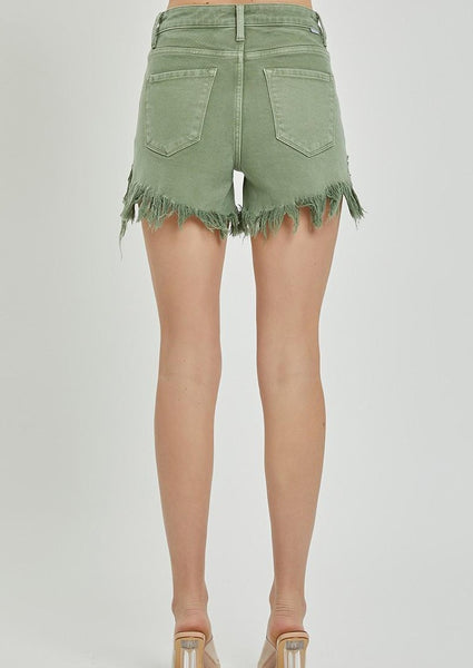 hirise cut hem denim shorts