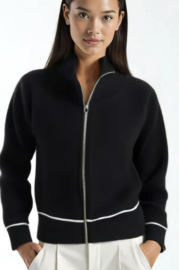 piped seam knit zip cardigan