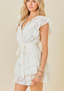 jacquard ruffle neck romper