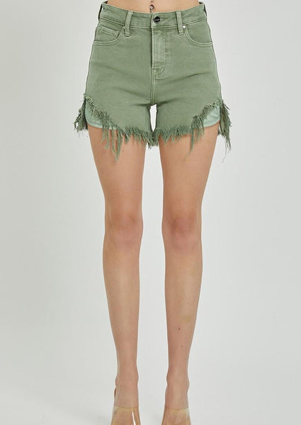 hirise cut hem denim shorts