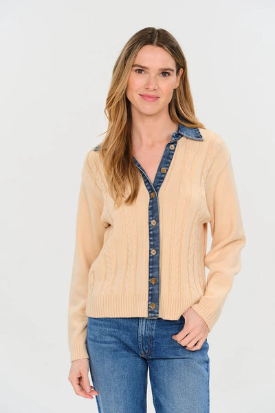 Denim Trim Cable Cardigan