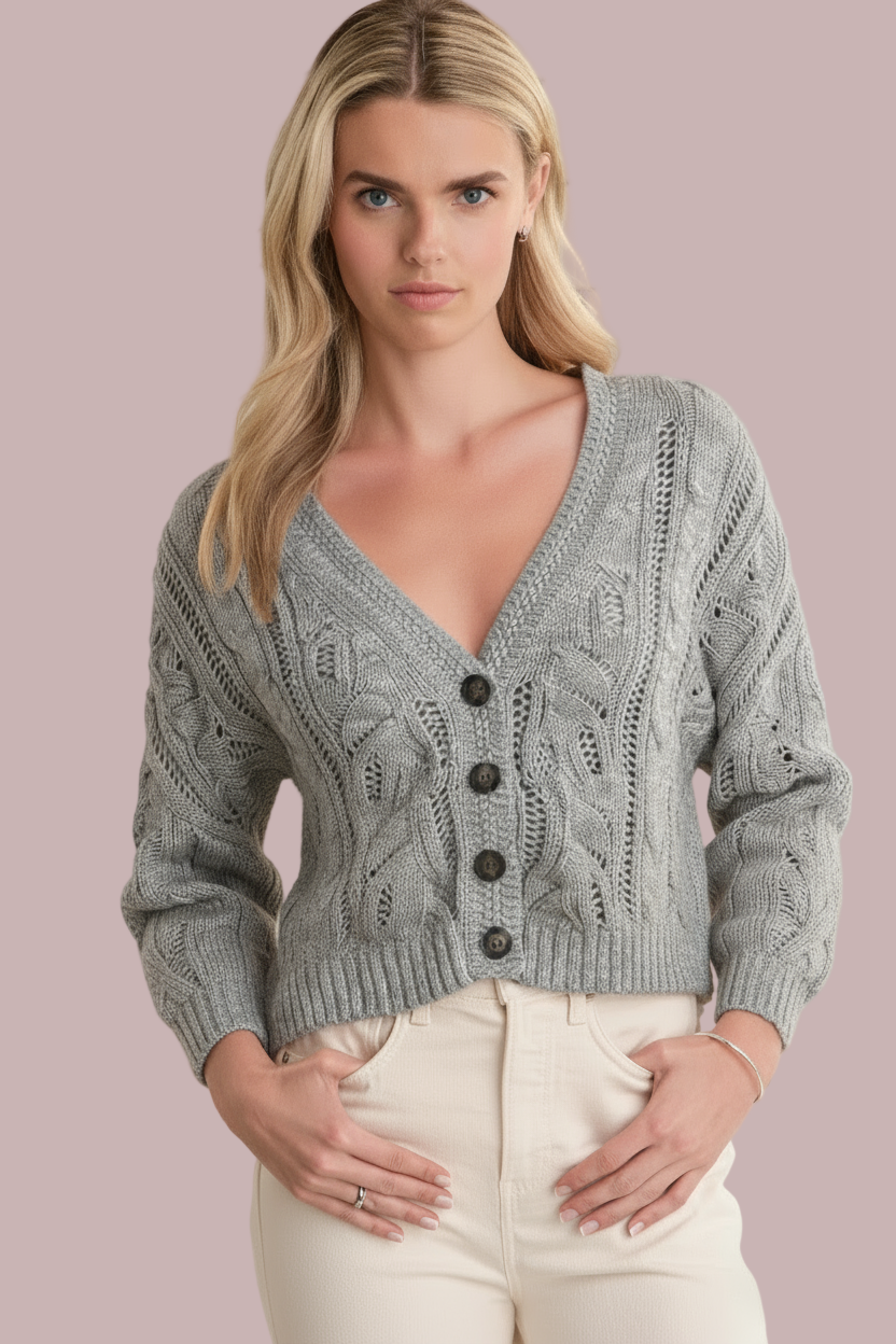 v neck cable cardigan