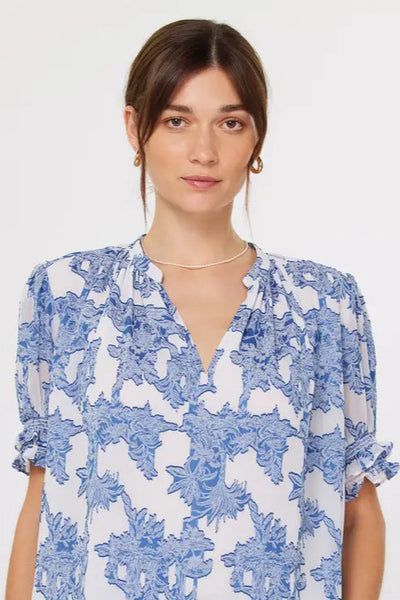 v neck print short sleeve blouse