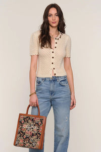 rosette button pointelle short sleeve cardigan