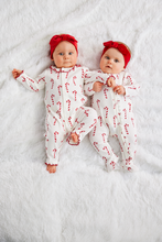 Load image into Gallery viewer, baby candycane ruffle footie
