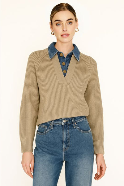 denim collar v neck sweater