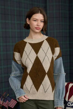 Load image into Gallery viewer, denim sleeve argyle sweater
