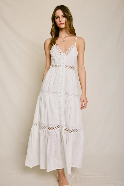 eyelet trim tiered maxi dress