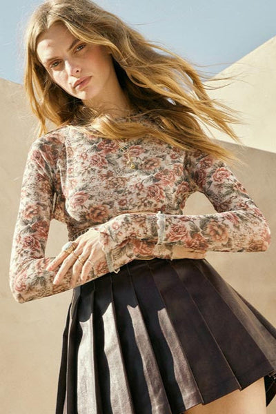 floral mesh mock neck top
