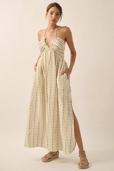halter tie back floral stripe midi dress