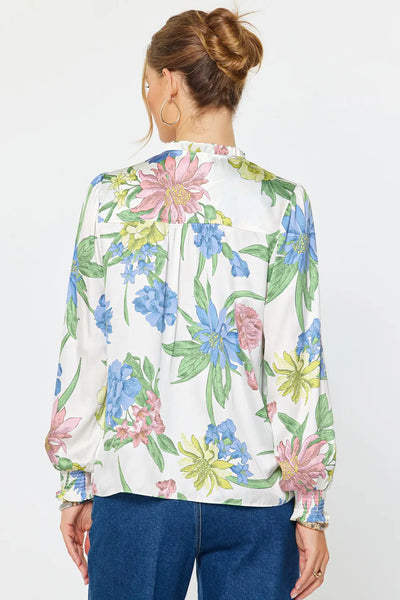 print long sleeve ruffle trim blouse