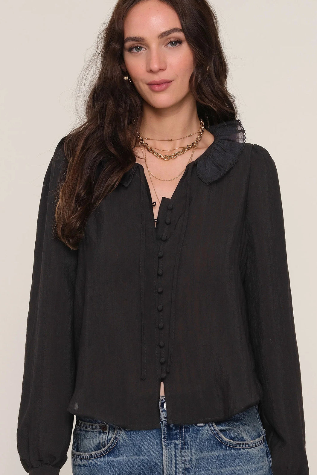 ruffle trim button blouse