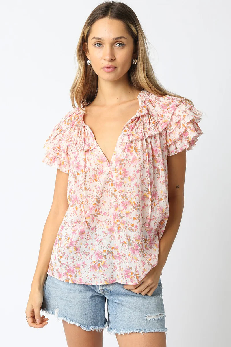 ruffle trim short sleeve floral top