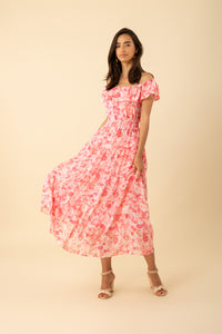 watercolor off shoulder chiffon maxi dress