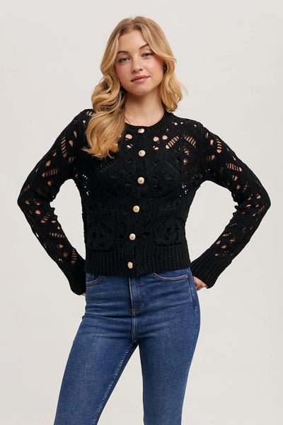 crew neck button pointelle cardigan