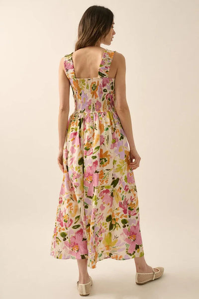 smocked bodice strap floral dress