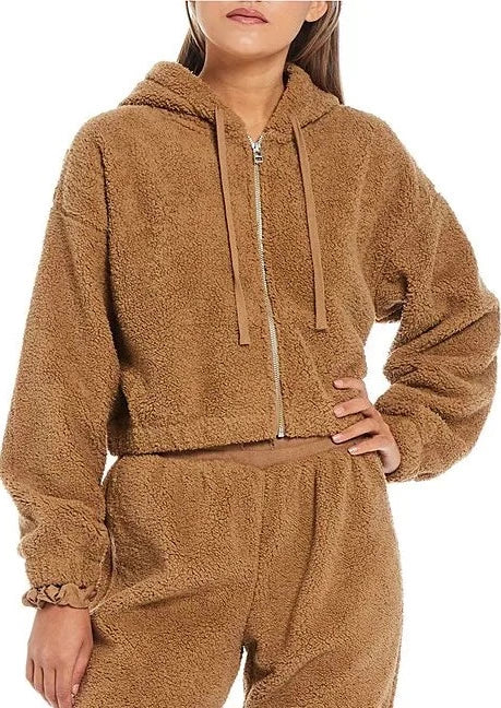 woman fuzzy bear zip jacket